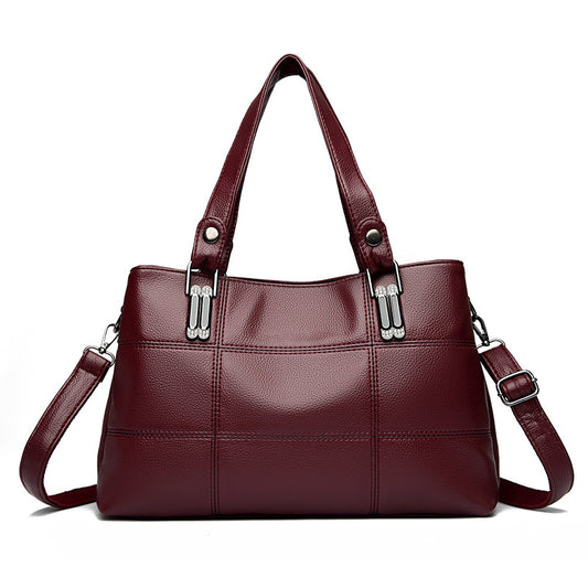Fashion Handbag Soft Leather Contrast Color Large Capacity Shoulder Bag